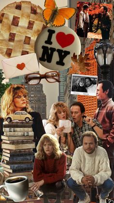 collage of people sitting on the floor in front of many pictures and words that say i love new york