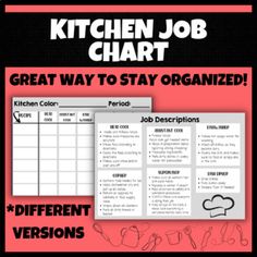 the kitchen job chart is shown in red and black, with text that reads great way to stay organized