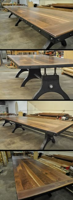 three different views of the same table in various stages of being assembled and painted with wood