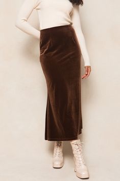 Logan Skirt in Brown Warm Midi Skirt, Midi Skirt Fall Lulus, 2022 Fall Skirts, Cheap Fall Skirt For Women, Fall Skirts Midi, Belvet Skirt, Fall 2022 Skirts, Velvet Midi Skirt Outfit, Brown Skirt Outfit