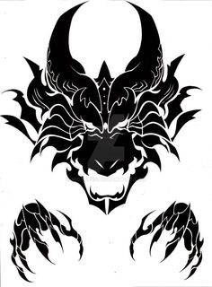 a black and white drawing of a demon's head with claws on its chest