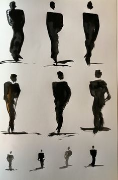 six silhouettes of men and women walking on the beach, each with their own shadow