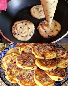 some pancakes are being cooked in a frying pan with chocolate chip cookies on the side