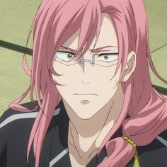 an anime character with pink hair and glasses looking at the camera while he looks surprised