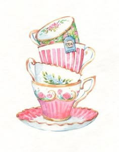 a watercolor drawing of three stacked teacups