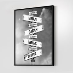 black and white photograph of street signs in front of cloudy sky with name written on it