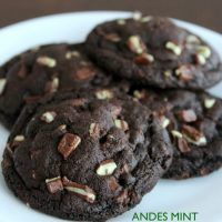 three chocolate cookies on a plate with white and green text that reads, andes mint