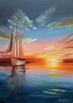 a painting of a sailboat in the ocean at sunset