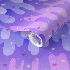 a purple and pink wallpaper with stars and hearts in the sky, on top of it