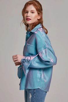 Jacqueline Iridescent Button-up Blouse | Oroshe Oversized Blouse For Spring Party, Trendy Satin Blouse For Spring, Blue Long Sleeve Satin Top, Trendy Spring Top With Sheen, Blue Satin Long Sleeve Top, Trendy Satin Button-up Top, Blue Satin Party Blouse, Oversized Party Tops For Spring, Blue Satin Tops For Spring