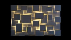 an abstract wall made up of square and rectangle shapes with lights in the middle