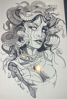 an ink drawing of a woman's face with snakes around her neck and head