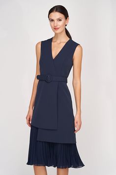 This dress features a V neckline, cap sleeves, an asymmetric hem overlay, and a detachable belt. It is made of stretch crepe and includes a pleated chiffon underlay for a unique touch. V-Neck Fit and Flare Silhouette Midi Length Cap Sleeve Style: 55111415 Pleated Chiffon, High Hips, Stretch Crepe, Dress 16, Fashion Over 50, V Neckline, Asymmetric Hem, Dark Navy, Cap Sleeve