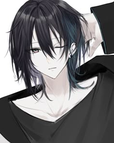 an anime character with black hair and blue eyes wearing a black shirt, holding his arm behind his head