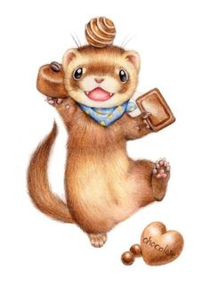 a drawing of a ferret holding a piece of chocolate