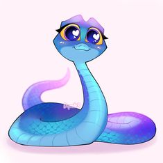 a blue and purple snake with big eyes sitting on the ground next to a pink background