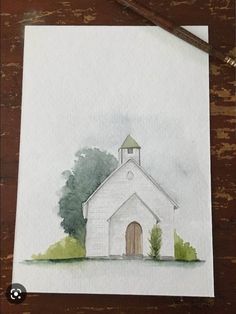 a watercolor painting of a white church