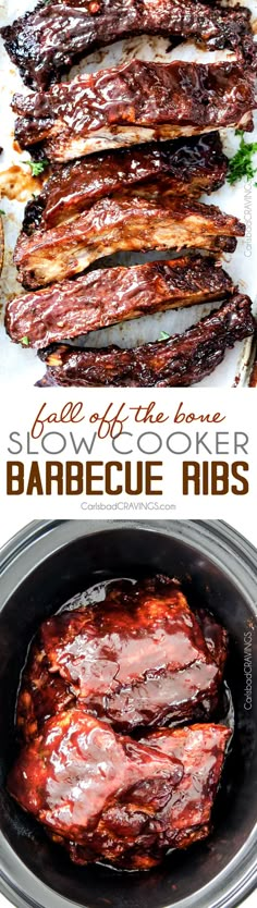 slow cooker barbecue ribs in the crock pot with bbq sauce on top