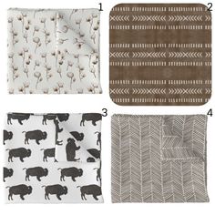 four different types of baby blankets with black and white animals on them, including one in brown