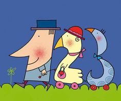 a man and woman are walking in the grass with two birds on their backs, one is