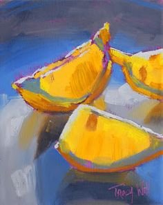 an oil painting of some yellow fruit on a blue tablecloth with the words treat roll written below it