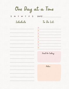 one day at a time printable planner with pink and green accents on white paper