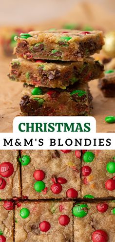 christmas m & m's blondies are stacked on top of each other