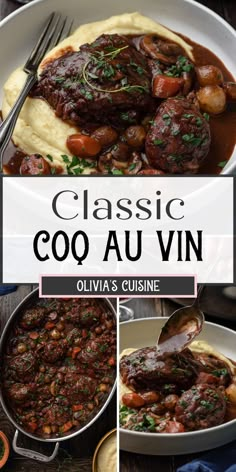 a collage of photos showing different types of food and the words classic coq au vin