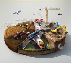 a model of a construction site with trucks and cranes