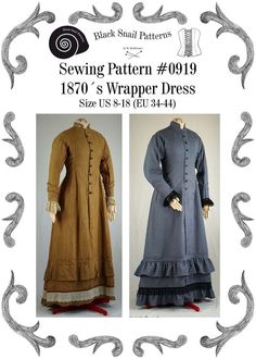 This is a digital sewing pattern for a late 1870´s Wrapper dress. Wrapper dresses made from cotton are simple dresses, worn by working women. First extant dresses of this style can be found from about 1840. The special feature of the dress is a looser fit and buttons in the front for getting dressed Victorian Wrapper, Wrapper Dress, Fan Skirt, Edwardian Skirt, Georgian Dress, Informal Dress, Dresses By Pattern, Sewing Bee, Working Women