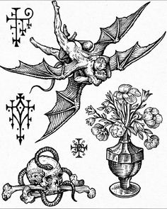 an old fashioned tattoo design with skulls and flowers in vases, on white paper