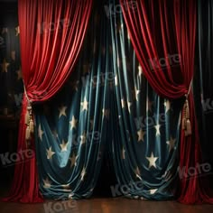 an american flag curtain with stars and tassels on it in front of a wooden floor