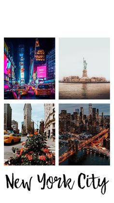 the new york city skyline is shown in four different pictures