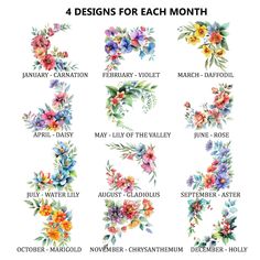 four designs for each month with flowers and leaves on the front, one is in different colors