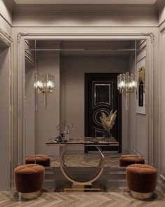 an elegant dining room with mirrored table and chairs