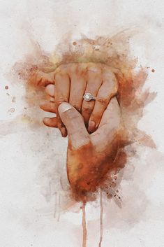 a painting of a person's hand with a ring on their finger and watercolor stains all over the background