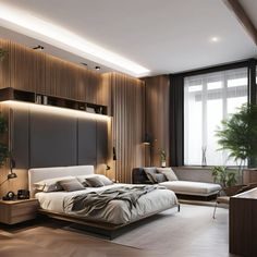 a modern bedroom with wood paneling and white bedding