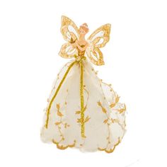 a white and gold angel ornament on a white background