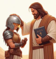 a man and woman dressed in roman clothing, one holding a bible while the other is wearing a helmet