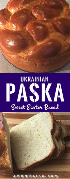 a close up of bread on a cutting board with the words passka over it