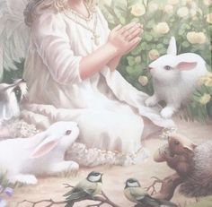 a painting of an angel surrounded by rabbits