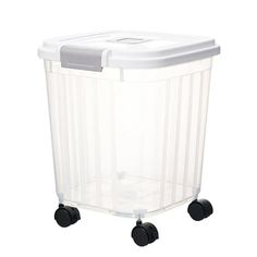 a white plastic trash can with wheels