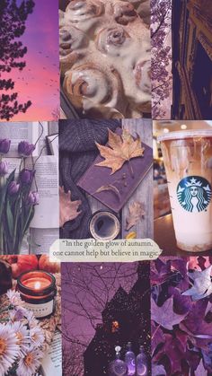 the collage is filled with different pictures including flowers, leaves and candles in purple tones