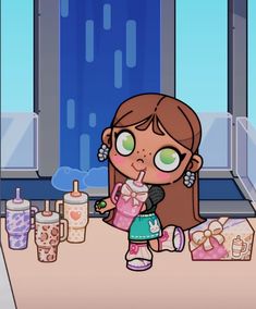 a cartoon girl with green eyes standing in front of a counter filled with bottles and other items