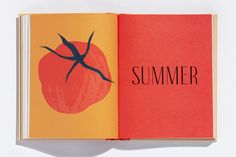 an open book with the title summer written on it's cover and a tomato drawn in black