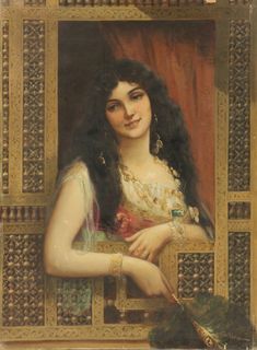 a painting of a woman with long black hair and jewelry on her arm, sitting in a chair