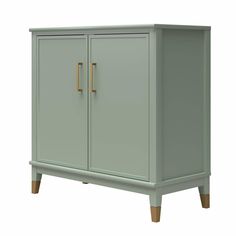 a green cabinet with two doors and wooden legs