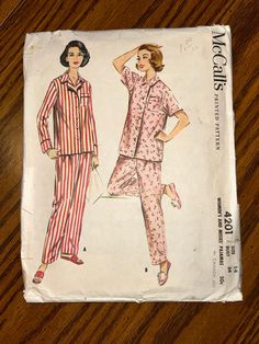 "This is a McCalls 1950s pattern 4201 for misses pajamas from 1957. The pattern is size 14, bust 34\", waist 26\", Hip 36\". The pattern is complete with all pieces and directions. Please convo. with any questions, and Thanks for Looking!" Pajama Pants Pattern, 1950s Patterns, Sleeve Variations, Fashion Design Drawing, Retro Sewing Patterns, Pajama Pattern, Womens Sewing Patterns, Mccalls Patterns, Fashion Design Sketches