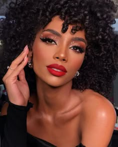 Makeup Looks For A Red Dress, Prom Eye Makeup For Red Dress, Red Lip Makeup Look Brown Eyes, Red Lip Makeup Look Black Women Make Up, Makeup Looks With Red Lips, Makeup Looks With Red Lipstick, Red Makeup Looks Black Women, Red Lipstick Makeup Black Women, Makeup To Go With Red Dress