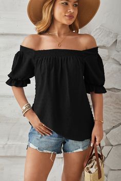 F00239469-405 Summer Solid Color Puff Sleeve Blouse, Chiffon Long Sleeve Tops, Off-shoulder Chiffon Blouse, Long Sleeve Chiffon Tops, Casual Long Sleeve Chiffon Blouse, Casual Puff Sleeve Solid Color Tops, Casual Puff Sleeve Tops In Solid Color, Casual Off-shoulder Ruffle Tops, Chiffon Off-shoulder Top For Spring